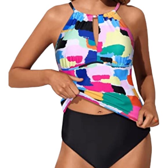 Younique High Neck Tankini Swimsuit Sz XL Multicolor 2Pc Tummy Control - Picture 11 of 12